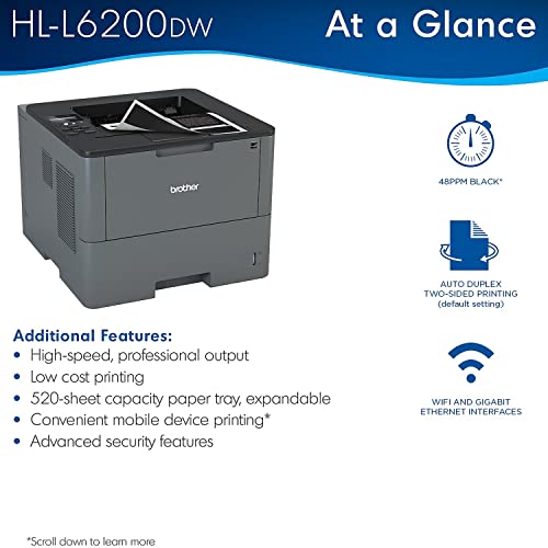 Brother HL-L6200DW Wireless Monochrome Single-Function Laser Printer for Office, Gray - Print only - 48 ppm, 1200 x 1200 dpi, 8.5 x 14, 256MB Memory, Auto Duplex Printing, 520 Sheet, Ethernet, CBMOUN