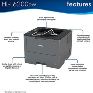 Brother HL-L6200DW Wireless Monochrome Single-Function Laser Printer for Office, Gray - Print only - 48 ppm, 1200 x 1200 dpi, 8.5 x 14, 256MB Memory, Auto Duplex Printing, 520 Sheet, Ethernet, CBMOUN