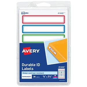 avery(r) durable labels for kids’ gear, 5/8″ x 3-1/2″, assorted border colors, water-resistant labels, 35 rectangle labels total (41440)