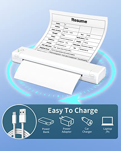 Odaro White M08F Letter Portable Printer for Travel with 200 Sheets Continual Thermal Paper 8.5" X 11" Letter Size