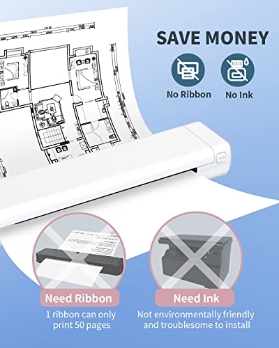 Odaro White M08F Letter Portable Printer for Travel with 200 Sheets Continual Thermal Paper 8.5" X 11" Letter Size