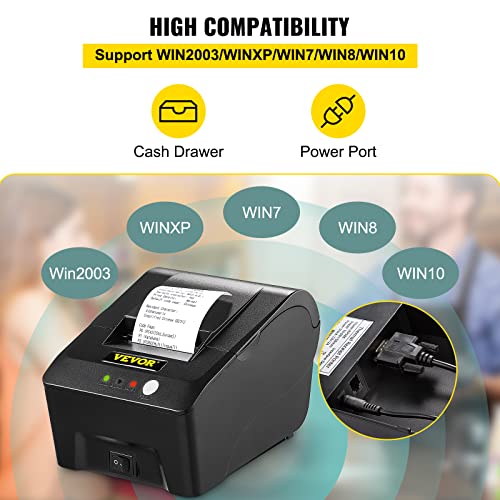 VEVOR Printer Receipt, 58mm Thermal Printer, USB Port Printer, ESC/POS Command Thermal Receipt Printer, Portable for Bank, Supermarket, Office, Restaurant Support Win 2003/XP/7/8/10 & Cashbox Driver