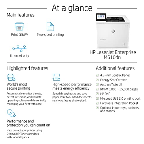 HP Laserjet Enterprise M610dn Single-Function Wired Monochrome Laser Printer, White - Print only - 4.3" Touchscreen, 55 ppm, 1200 x 1200 dpi, Auto Duplex Printing, Ethernet - Cbmou External Webcam