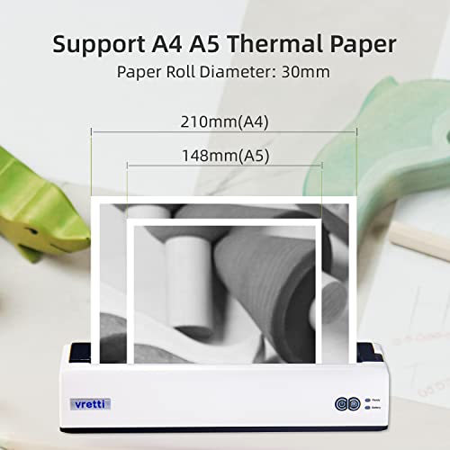 vretti A4 Wireless Bluetooth USB Portable Printer Compatible with Android and iOS Phone Support 8.5×11 Inches Thermal Paper for Outdoors Home Office Travel Students and Cars Printing