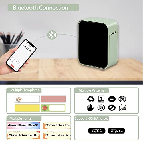 FOTEEMO Label Maker Machine with 2 Tape, Portable Wireless Connection Mini Label Maker Bluetooth Label Printer Inkless Rechargeable Label Sticker Printer for Office Home Organization (Mint Green)