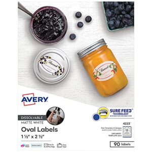 avery printable blank oval labels, 1.5″x 2.5″, white dissolvable, 90 customizable labels (4223)