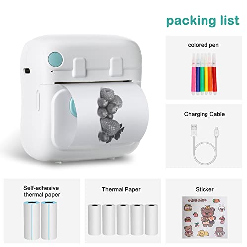 Portable Mini Printer, Small Pocket Thermal Printer with 7 Color Lamp, Bluetooth Wireless Smart Photo Printer with 7 Rolls Paper, Label Maker Machine with iOS Android for Notes, Memos and DIY Painting