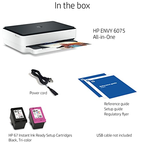 HP Envy 6075 Wireless All-in-One Color Inkjet Printer, White/Black - Print Scan Copy - 10 ppm, 4800 x 1200 dpi, Auto 2-Sided Printing, Borderless Printing, Bluetooth, USB