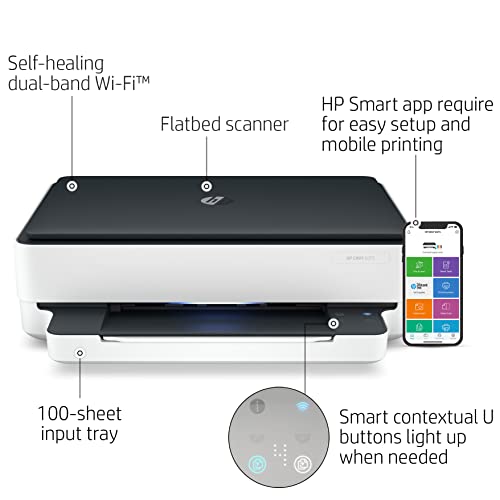 HP Envy 6075 Wireless All-in-One Color Inkjet Printer, White/Black - Print Scan Copy - 10 ppm, 4800 x 1200 dpi, Auto 2-Sided Printing, Borderless Printing, Bluetooth, USB