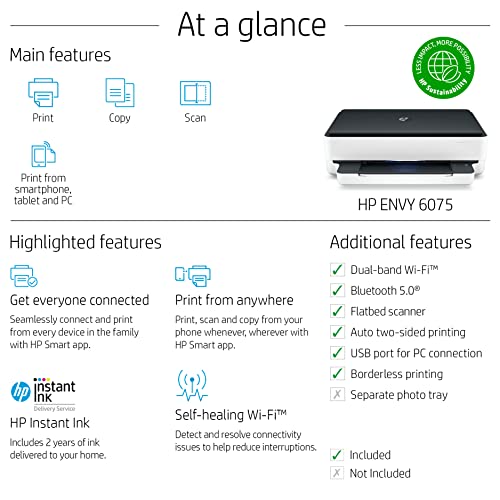 HP Envy 6075 Wireless All-in-One Color Inkjet Printer, White/Black - Print Scan Copy - 10 ppm, 4800 x 1200 dpi, Auto 2-Sided Printing, Borderless Printing, Bluetooth, USB