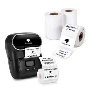 Phomemo M110 Bluetooth Label Maker with 3 Rolls 1.18" x 0.79" (30x20mm)，Bluetooth Thermal Label Maker Printer for Clothing, Jewelry, Retail, Mailing, Barcode, Compatible with Android & iOS System