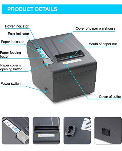 WeeiUs POS Thermal Receipt Printer, USB Ethernet LAN Serial Connection, with auto-Cutter, Restaurant Printer, 3 1/8 80mm, Support Windows ESC/POS, RJ11RJ12 Cash Drawer