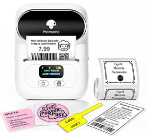 phomemo m110 address label maker for mailing,portable label sticker barcode printer for clothing, photologo, jewelry, retail, office, home, for ios & android, with 1 40×30mm label