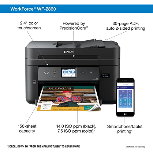 Epson Workforce WF-2860 All-in-One Wireless Color Inkjet Printer, Black - Print Scan Copy Fax - Ethernet NFC Auto 2-Sided Borderless Printing, 14 ppm, 4800 x 1200 dpi, 30-Sheet ADF, Voice Activated