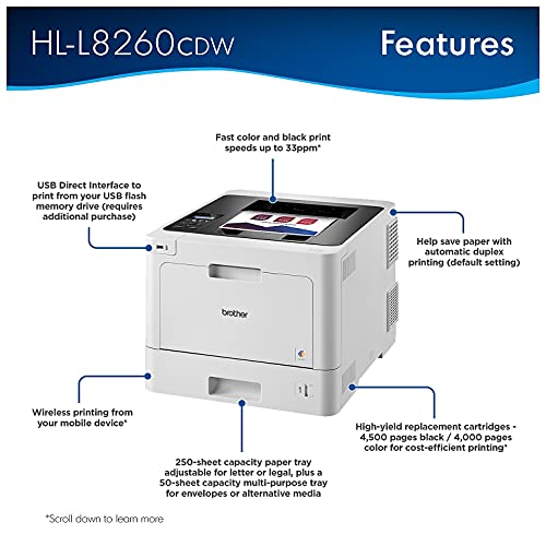 Brother HL-L8260CDW Business Color Laser Printer, Flexible Wireless Networking, Mobile Printing, Speed Up to 33ppm, Automatic Duplex Printing, 2400 x 600 dpi, 250-sheet Capacity, Ethernet, White