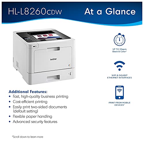 Brother HL-L8260CDW Business Color Laser Printer, Flexible Wireless Networking, Mobile Printing, Speed Up to 33ppm, Automatic Duplex Printing, 2400 x 600 dpi, 250-sheet Capacity, Ethernet, White