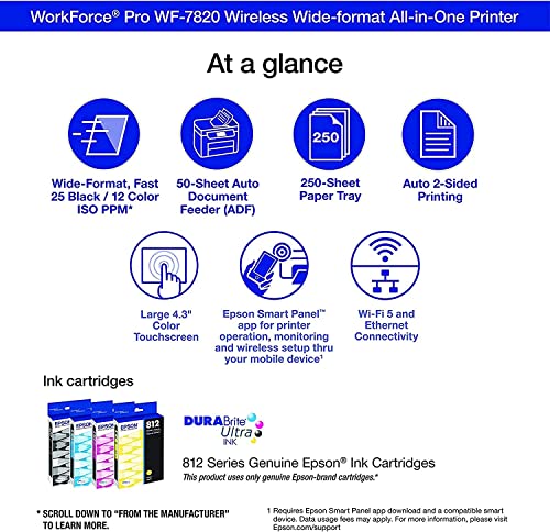 Epson Workforce Pro WF-7820 Wide-Format Wireless All-in-One Color Inkjet Printer, Black - Print Scan Copy Fax - 4.3" Touchscreen, 25 ppm, 4800 x 2400 dpi, Auto 2-Sided Printing, 13"x19", 50-Sheet ADF