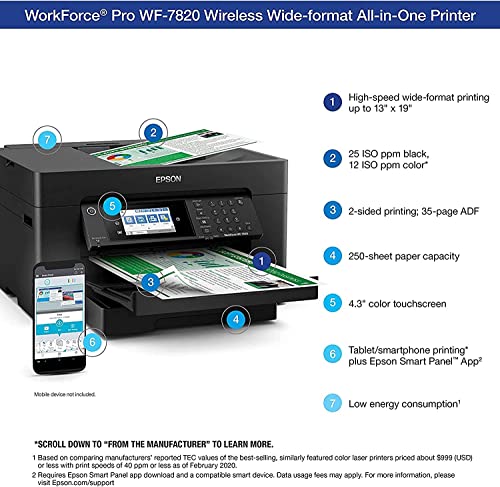 Epson Workforce Pro WF-7820 Wide-Format Wireless All-in-One Color Inkjet Printer, Black - Print Scan Copy Fax - 4.3" Touchscreen, 25 ppm, 4800 x 2400 dpi, Auto 2-Sided Printing, 13"x19", 50-Sheet ADF