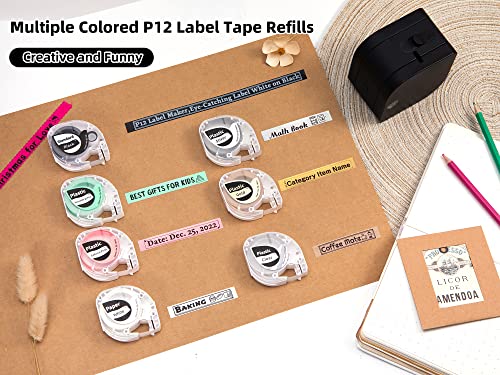 Zodzi Labels Maker with Color Fonts- P12Pro Label Maker Machine with Tape Support Inkless Multiple-Colored Fonts Icons Border, Bluetooth Rechargeable, Label Printer for School Item, Kids Teenagers