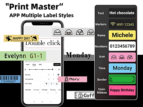 Zodzi Labels Maker with Color Fonts- P12Pro Label Maker Machine with Tape Support Inkless Multiple-Colored Fonts Icons Border, Bluetooth Rechargeable, Label Printer for School Item, Kids Teenagers