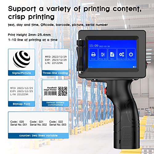 BESHENG Handheld Inkjet Printer JS12H2 Inkjet Coder Printing Height 0.08-1 Inch with Quick-Drying Ink Portable Handheld Printer with 4.3" Touch Screen for Date/Barcode/Label/Logo/QRcode Any Surface