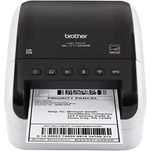 brother ql-1110nwb label maker, shipping labeller, wireless, pc connected, network and bluetooth, desktop, wide format 4 inch labels – print via usb, ethernet, and bluetooth