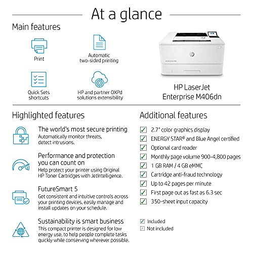 HP LaserJet Enterprise M406dn Monochrome Duplex Printer (3PZ15A) (Renewed)