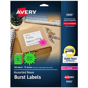 avery neon address labels with sure feed for laser printers, 2-1/4″, assorted colors, 180 burst labels (5995)