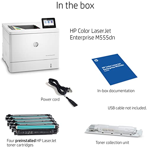 HP Color Laserjet Enterprise M555dn Single-Function Wired Ethernet Laser Printer, White - Print only - 4.3" Touchscreen Display, 40 ppm, 600 x 600 dpi, Auto Duplex Printing, USB, Cbmou Printer Cable