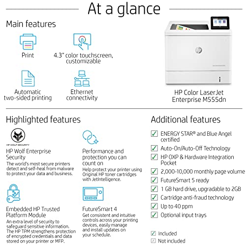 HP Color Laserjet Enterprise M555dn Print only Wired Laser Printer, 4.3" Touchscreen LCD Display, 40 ppm, 600 x 600 dpi, 1 GB Memory, Auto Duplex Printing, Ethernet, USB, Cbmou Printer Cable