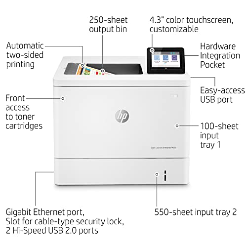 HP Color Laserjet Enterprise M555dn Print only Wired Laser Printer, 4.3" Touchscreen LCD Display, 40 ppm, 600 x 600 dpi, 1 GB Memory, Auto Duplex Printing, Ethernet, USB, Cbmou Printer Cable