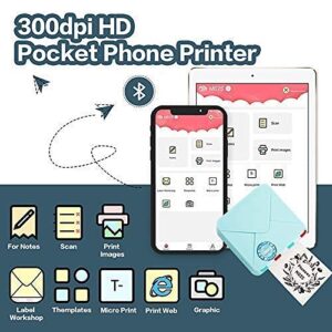 Phomemo M02S Pocket Printer- Mini Bluetooth Thermal Printer with 3 Rolls White Sticker Paper, Compatible with iOS + Android for Learning Assistance, Study Notes, Journal, Fun, Work, Cyan