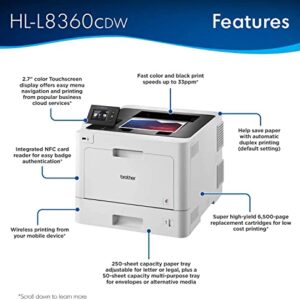 Brother Color Laser Printer HL-L83 Series for Business, 2.7" Color Touchscreen, Wireless Connectivity, Automatic Duplex Printing, Mobile Cloud Printing, NFC One-Touch Connection, White, W/USB Cable