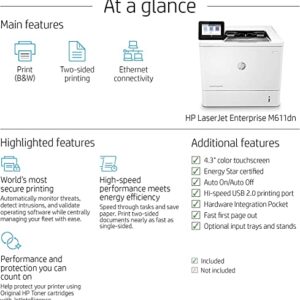 HP Laserjet Enterprise M611dn Single-Function Wired Monochrome Laser Printer, White - Print only - Ethernet, USB, 4.3" Touchscreen, 65 ppm, 1200x1200 dpi, Auto Duplex Printing - Cbmou External Webcam