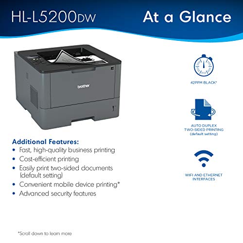 Brother HL-L5200DW Wireless Monochrome Single-Function Laser Printer, Gray - Print only - 42 ppm, 1200 x 1200 dpi, 8.5" x 14" Legal, 256MB Memory, Auto Duplex Printing, Ethernet