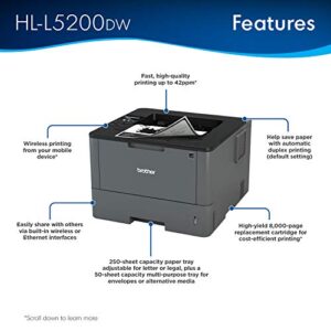 Brother HL-L5200DW Wireless Monochrome Single-Function Laser Printer, Gray - Print only - 42 ppm, 1200 x 1200 dpi, 8.5" x 14" Legal, 256MB Memory, Auto Duplex Printing, Ethernet