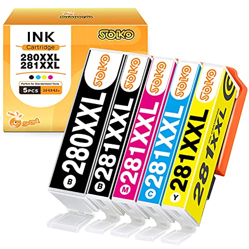 SOKO Compatible Ink Cartridges Replacement for Canon 280 281 PGI-280XXL CLI-281XXL PGI280 XXL CLI281XXL Used in Canon PIXMA TR7520 TR8520 TS9120 TS6120 TS6220 TS8120 TS8220 TS9520 Printer (5 Pack)