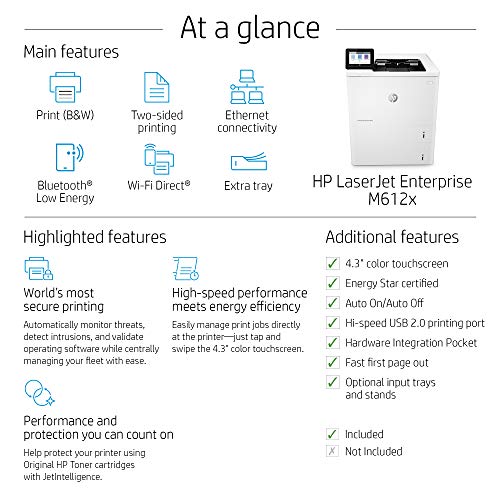 HP LaserJet Enterprise M612x Monochrome Printer with built-in Ethernet, 2-sided printing & extra paper tray (7PS87A), White