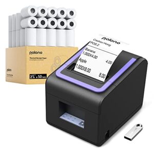 POLONO Receipt Printer, 3 1/8"" 80mm PL330 Thermal Receipt Printer, 300mm/s POS Receipt Printer, 2 1/4"" x 50' Thermal Paper, Receipt Paper Suitable for Many Credit Card Terminals, BPA Free, 50 Rolls