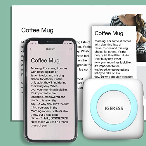 IGERESS Mini Printer, Wireless Bluetooth Pocket Thermal Printer, Sticker Printer, Portable Notes Picture Printer Receipt Paper Printer Compatible with iOS and Android