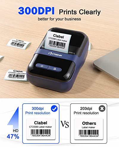 CLABEL Label Maker 300DPI, 230B Portable Barcode Label Printer for Address, Clothing, Retail, Jewelry, QR, Code, Small Business, Compatible with Android & iOS System Use for Home & Office, Black