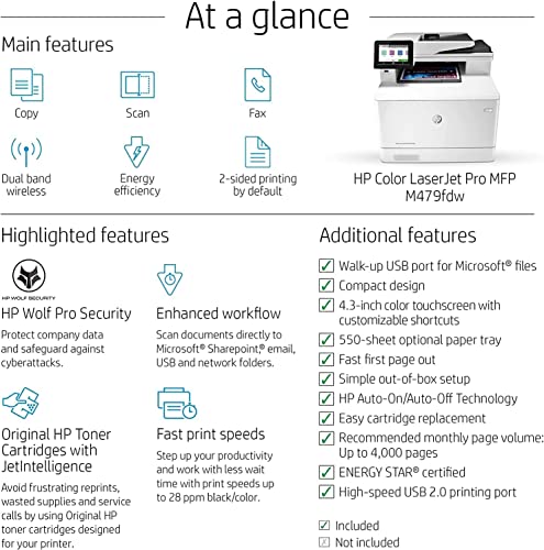 HP Laserjet Pro M479fdw Wireless Color All-in-One Laser Printer for Home Office- Print Scan Copy Fax - 28 ppm, 600x600 dpi, 8.5x14, Auto 2-Sided Printing, 50-Sheet ADF, Ethernet