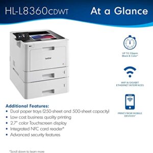 Brother Color HL-L8360CDWT Business Wireless Single-Function Laser Printer - Print Only - 2.7" Touchscreen, 33 ppm, 600 x 2400 dpi, 1GB Memory, Auto Duplex Printing, Dual Trays, NFC, Ethernet, Cbmoun