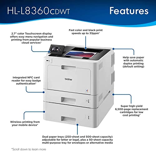 Brother Color HL-L8360CDWT Business Wireless Single-Function Laser Printer - Print Only - 2.7" Touchscreen, 33 ppm, 600 x 2400 dpi, 1GB Memory, Auto Duplex Printing, Dual Trays, NFC, Ethernet, Cbmoun