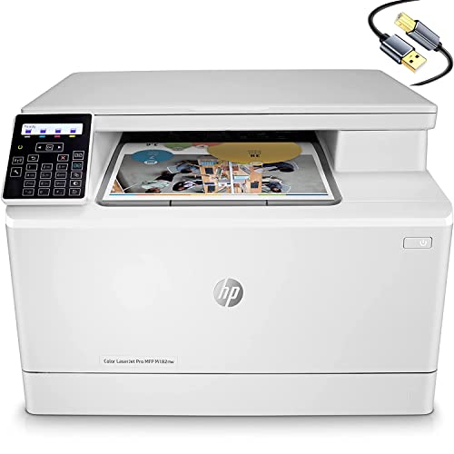 HP Color Laserjet Pro MFP M182nw All-in-One Wireless Laser Printer, White - Print Scan Copy - 17 ppm, 600 x 600 dpi, 8.5 x 14, 2-Line LCD with Numeric Keypad Display, Ethernet, Cbmou Printer Cable