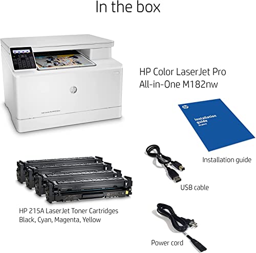 HP Color Laserjet Pro MFP M182nw All-in-One Wireless Laser Printer, White - Print Scan Copy - 17 ppm, 600 x 600 dpi, 8.5 x 14, 2-Line LCD with Numeric Keypad Display, Ethernet, Cbmou Printer Cable