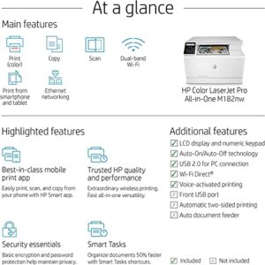 HP Color Laserjet Pro MFP M182nw All-in-One Wireless Laser Printer, White - Print Scan Copy - 17 ppm, 600 x 600 dpi, 8.5 x 14, 2-Line LCD with Numeric Keypad Display, Ethernet, Cbmou Printer Cable