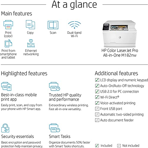 HP Color Laserjet Pro MFP M182nw All-in-One Wireless Laser Printer, White - Print Scan Copy - 17 ppm, 600 x 600 dpi, 8.5 x 14, 2-Line LCD with Numeric Keypad Display, Ethernet, Cbmou Printer Cable