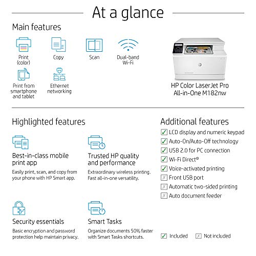 HP Color LaserJet Pro M182nw Wireless All-in-One Laser Printer, Remote Mobile Print, Scan & Copy (7KW55A) (Renewed)