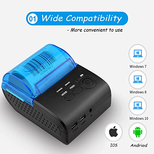 Yoidesu Mini Receipt Printer,58mm Portable Bluetooth Mobile Thermal Printer Compatible with Android Windows Vista Linux,Bluetooth 4.0 Label Printer Wireless (US Plug)